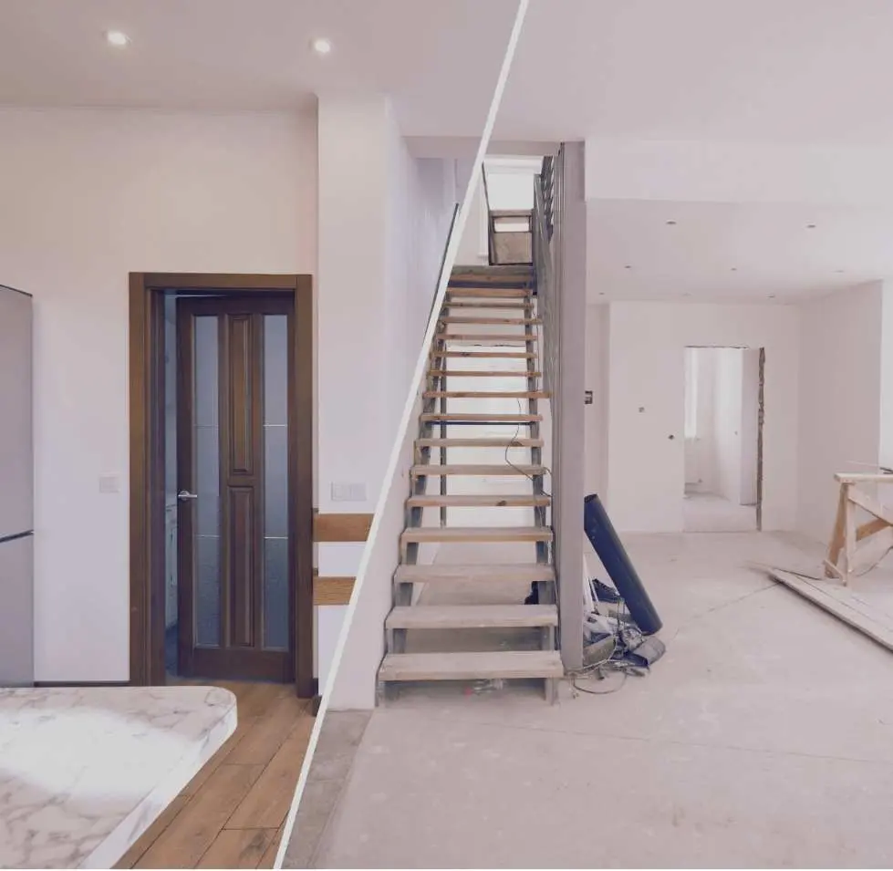 Derselbe Raum geteilt: links fertig gereinigt, rechts noch mit Baustaub und Treppe im Rohbau